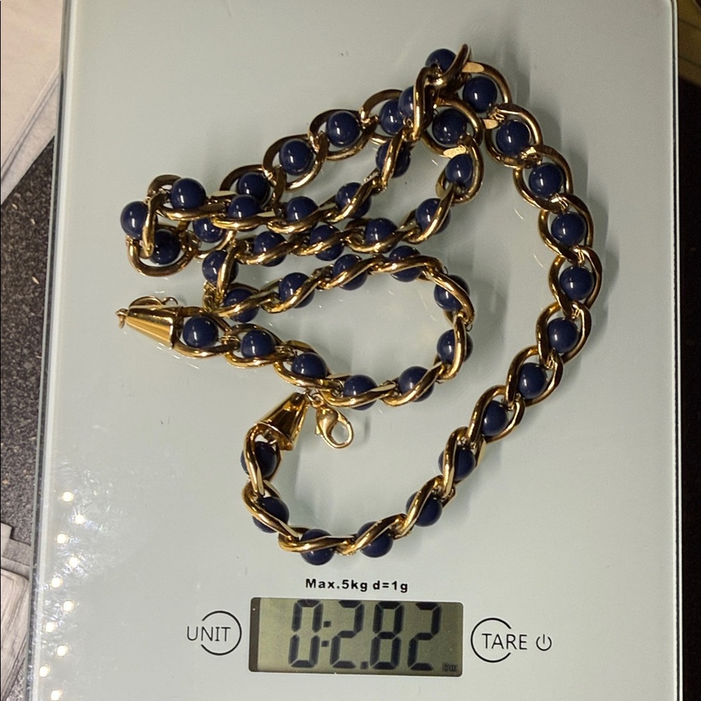 Napier Necklace 24 Inches Dark Blue Beaded Chunky Gold Tone Vintage Signed - Picture 8 of 8